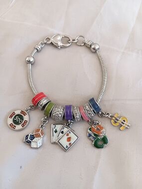 Silver Charm Bracelet 8" with Casino Game Charms - Multicolor Enamel